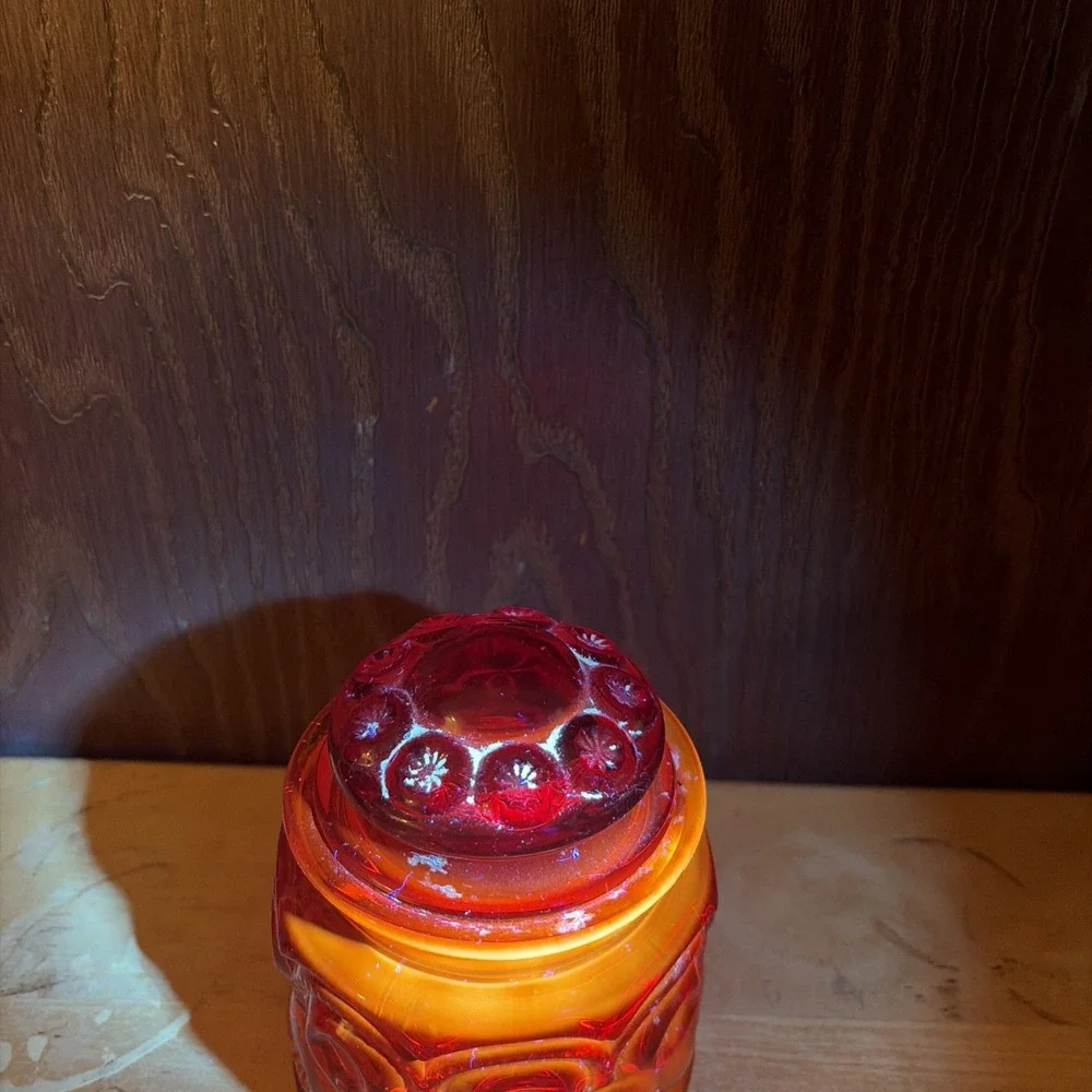 Vintage LE Smith Amberina Moon And Star Canister Lidded Glass Jar 5 In